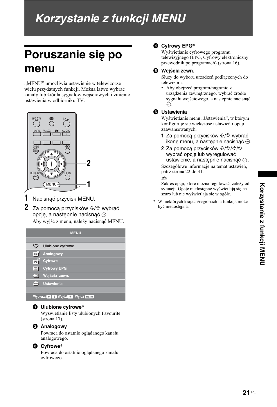 Korzystanie z funkcji menu, Poruszanie się po menu, Korzystanie z funkcji menu poruszanie się po menu | Korzy s tani e z funkcj i m enu | Sony KDL-19L4000 User Manual | Page 201 / 255
