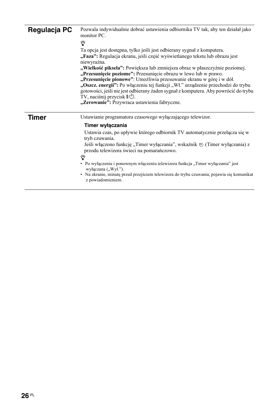 Regulacja pc, Timer | Sony KDL-19L4000 User Manual | Page 206 / 255