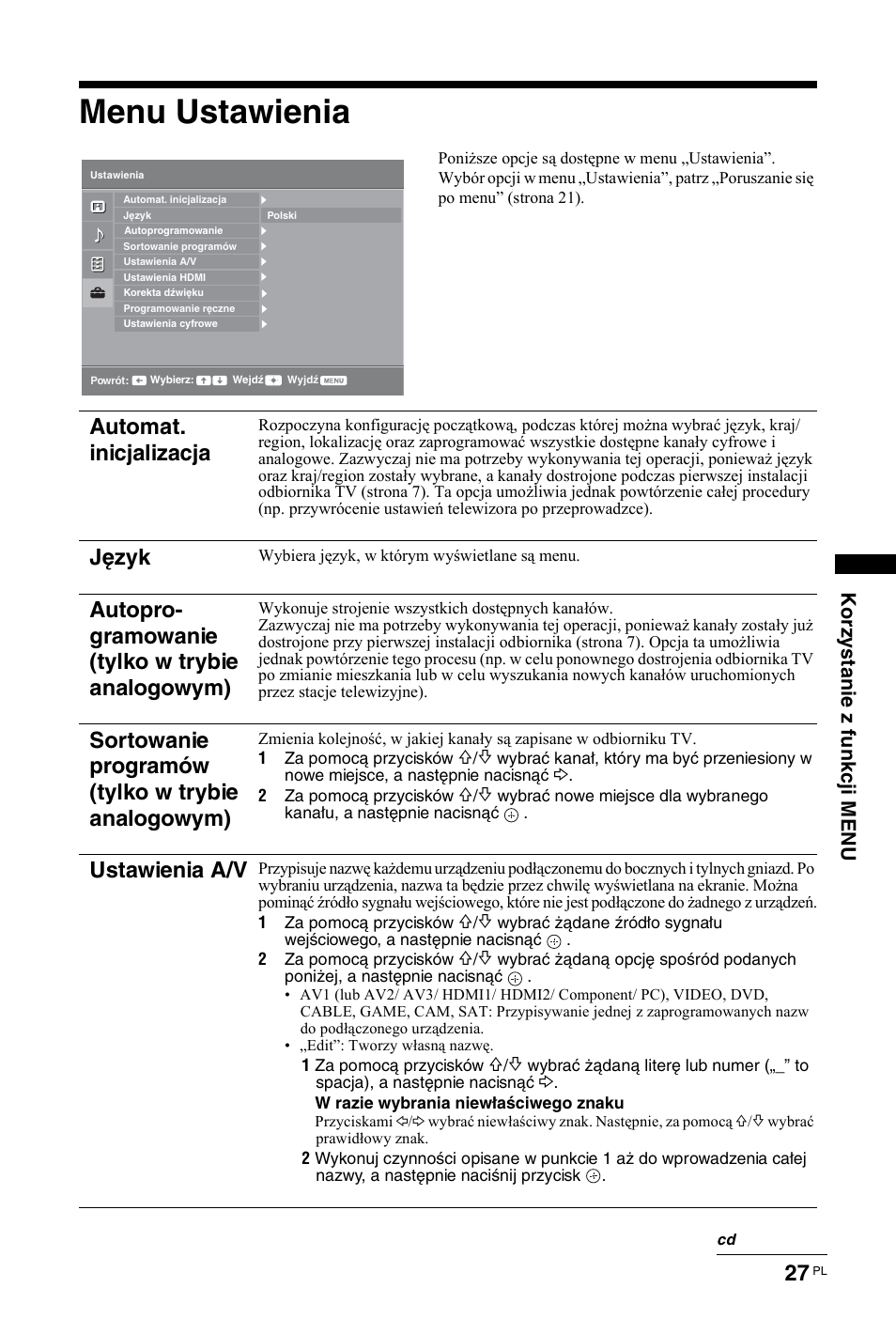 Menu ustawienia, Automat. inicjalizacja, Język | Autopro- gramowanie (tylko w trybie analogowym), Sortowanie programów (tylko w trybie analogowym), Ustawienia a/v, Korzy s tani e z funkcj i m enu | Sony KDL-19L4000 User Manual | Page 207 / 255