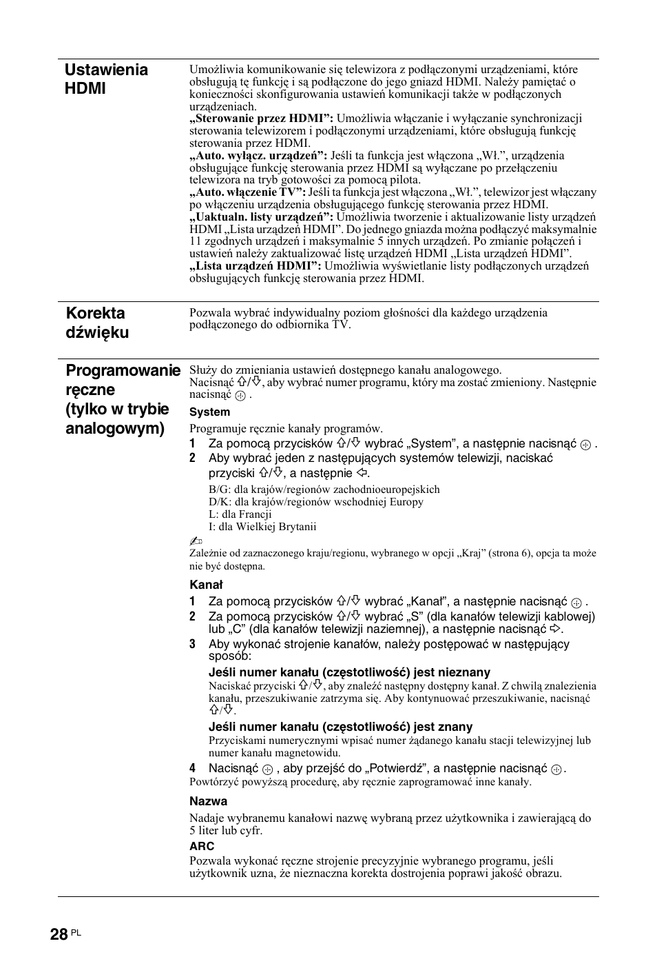 Stronie 28, Ustawienia hdmi, Korekta dźwięku | Programowanie ręczne (tylko w trybie analogowym) | Sony KDL-19L4000 User Manual | Page 208 / 255