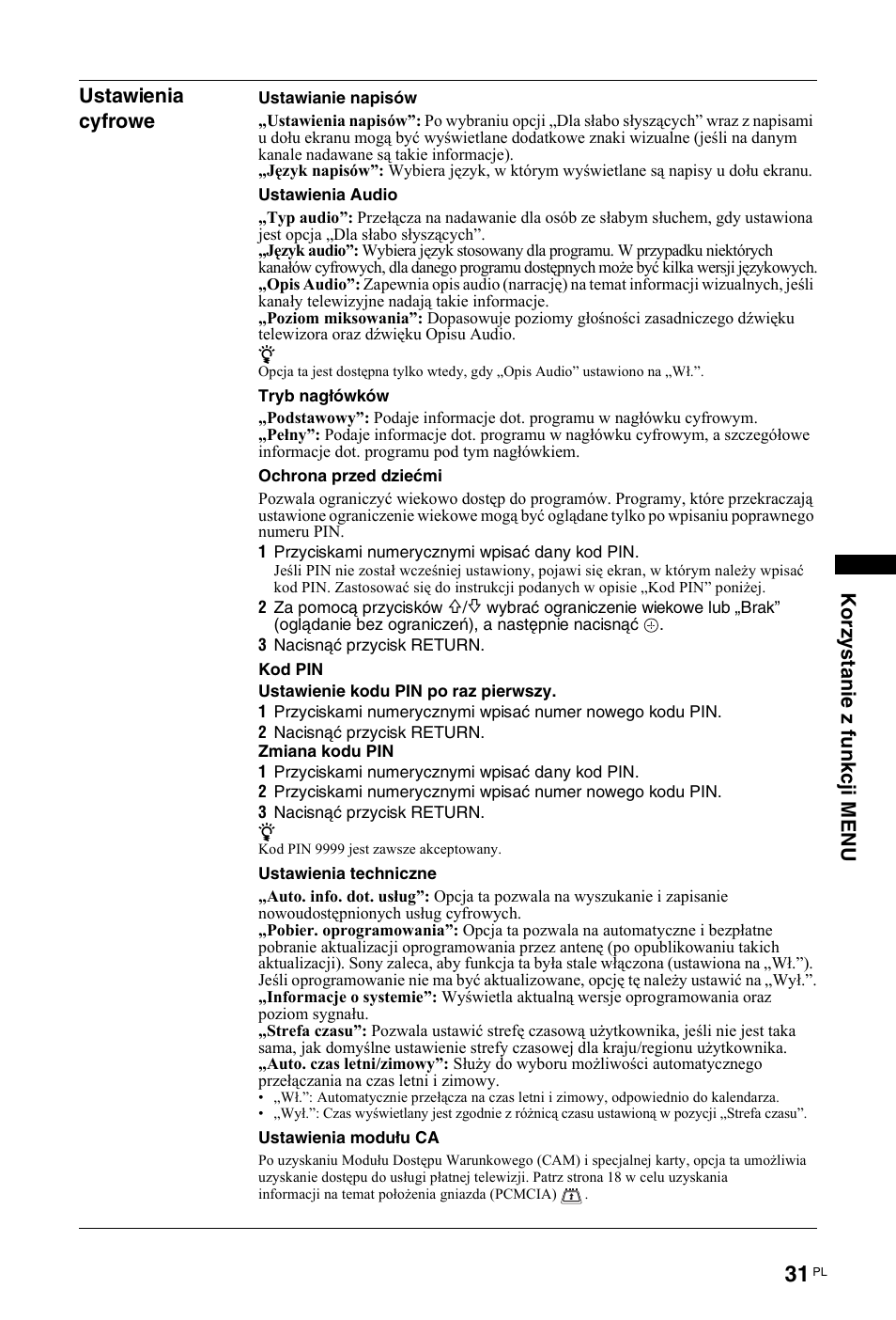Korzy s tani e z funkcj i m enu ustawienia cyfrowe | Sony KDL-19L4000 User Manual | Page 211 / 255