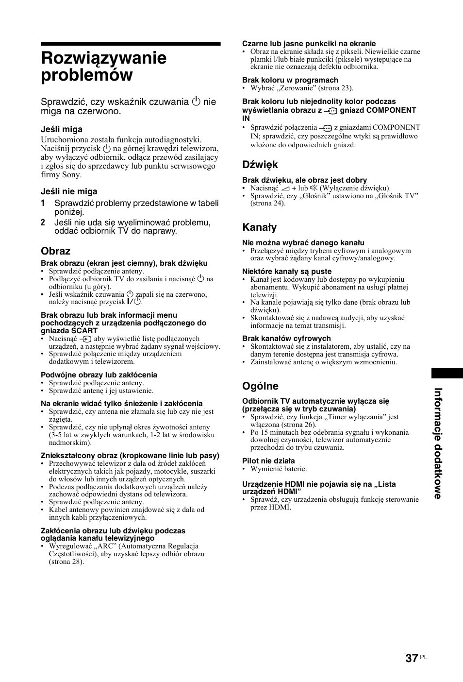 Rozwiązywanie problemów, Obraz, Dźwięk | Kanały, Ogólne | Sony KDL-19L4000 User Manual | Page 217 / 255