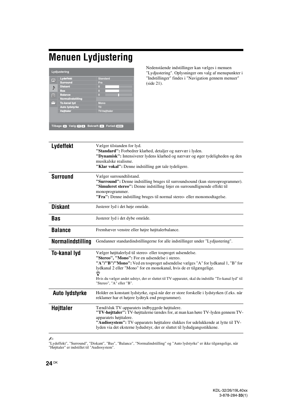 Menuen lydjustering, Side 24), Se side 24 | Lydeffekt, Surround, Diskant, Balance, Normalindstilling, To-kanal lyd, Auto lydstyrke | Sony KDL-19L4000 User Manual | Page 24 / 255