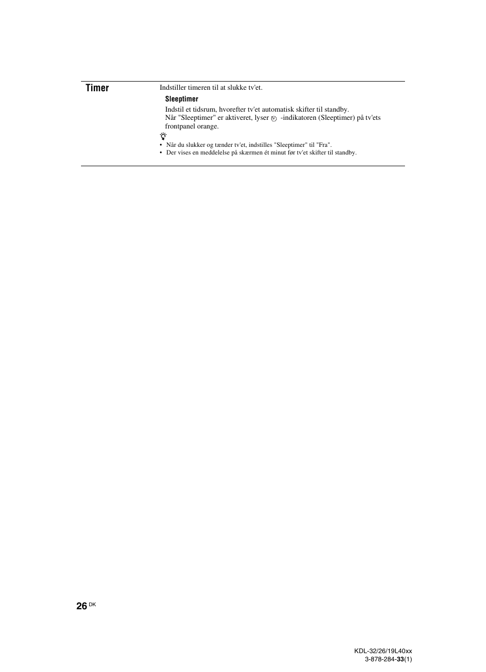 Side 26), Se side 26, Timer | Sony KDL-19L4000 User Manual | Page 26 / 255