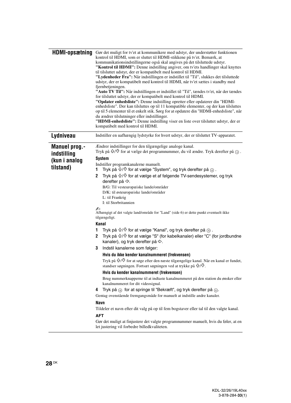 Side 28, Hdmi-opsætning, Lydniveau | Manuel prog.- indstilling (kun i analog tilstand) | Sony KDL-19L4000 User Manual | Page 28 / 255