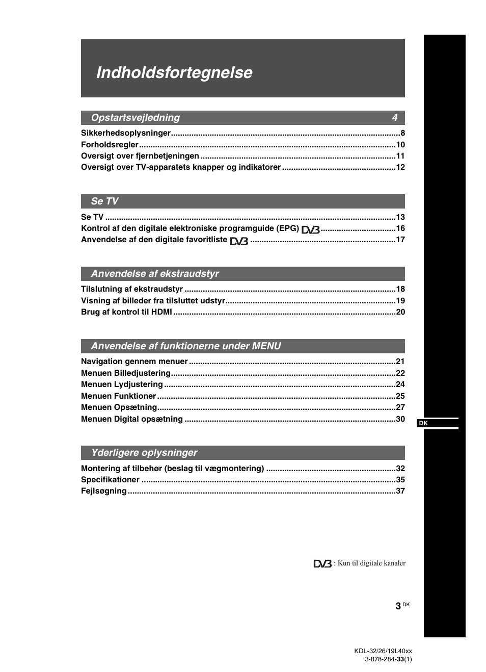 Indholdsfortegnelse | Sony KDL-19L4000 User Manual | Page 3 / 255