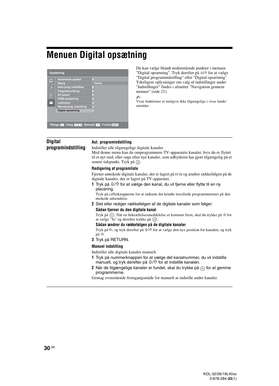 Menuen digital opsætning, Digital programindstilling | Sony KDL-19L4000 User Manual | Page 30 / 255