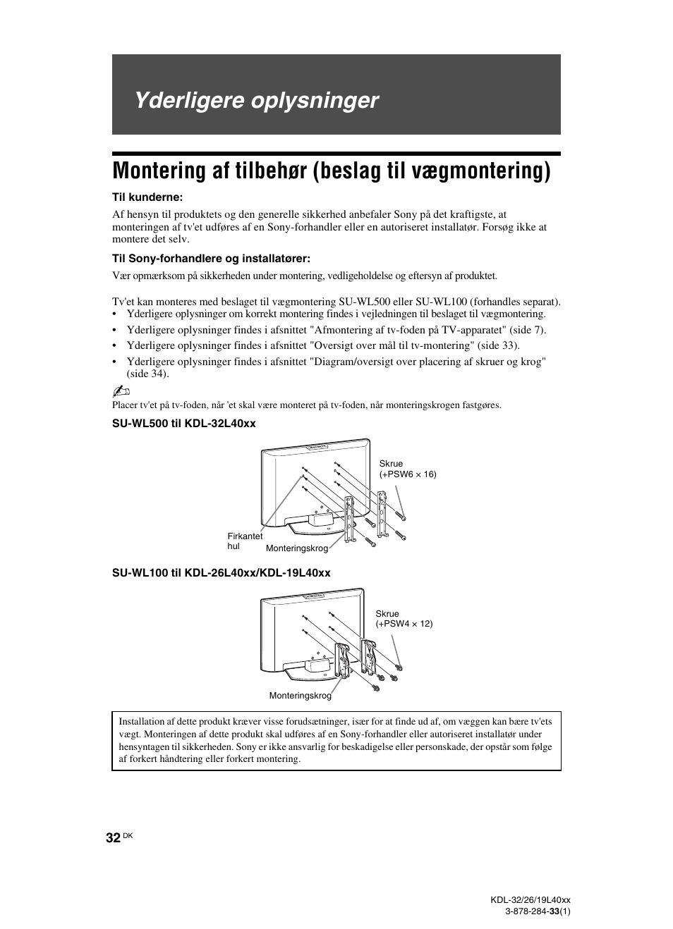 Yderligere oplysninger, Montering af tilbehør (beslag til vægmontering) | Sony KDL-19L4000 User Manual | Page 32 / 255