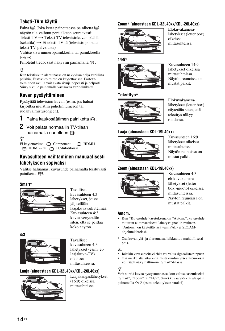 Sivu 14), Sivut 14 ja, Sivu 14): va | Sivu 14): nä, Teksti-tv:n käyttö, Kuvan pysäyttäminen | Sony KDL-19L4000 User Manual | Page 50 / 255