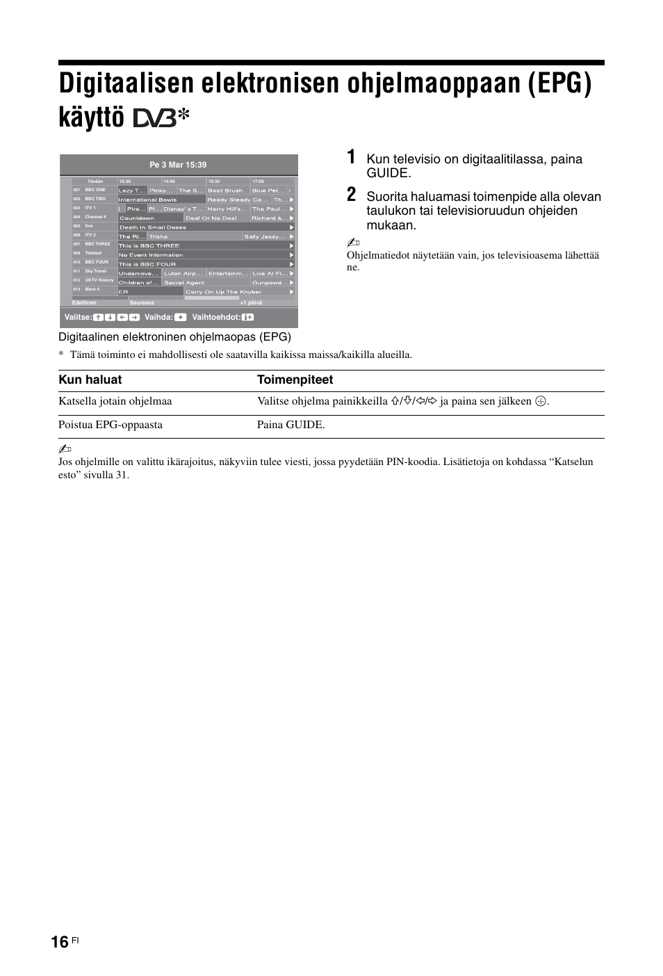 Sivu 16), Kun televisio on digitaalitilassa, paina guide, Kun haluat toimenpiteet | Digitaalinen elektroninen ohjelmaopas (epg) | Sony KDL-19L4000 User Manual | Page 52 / 255
