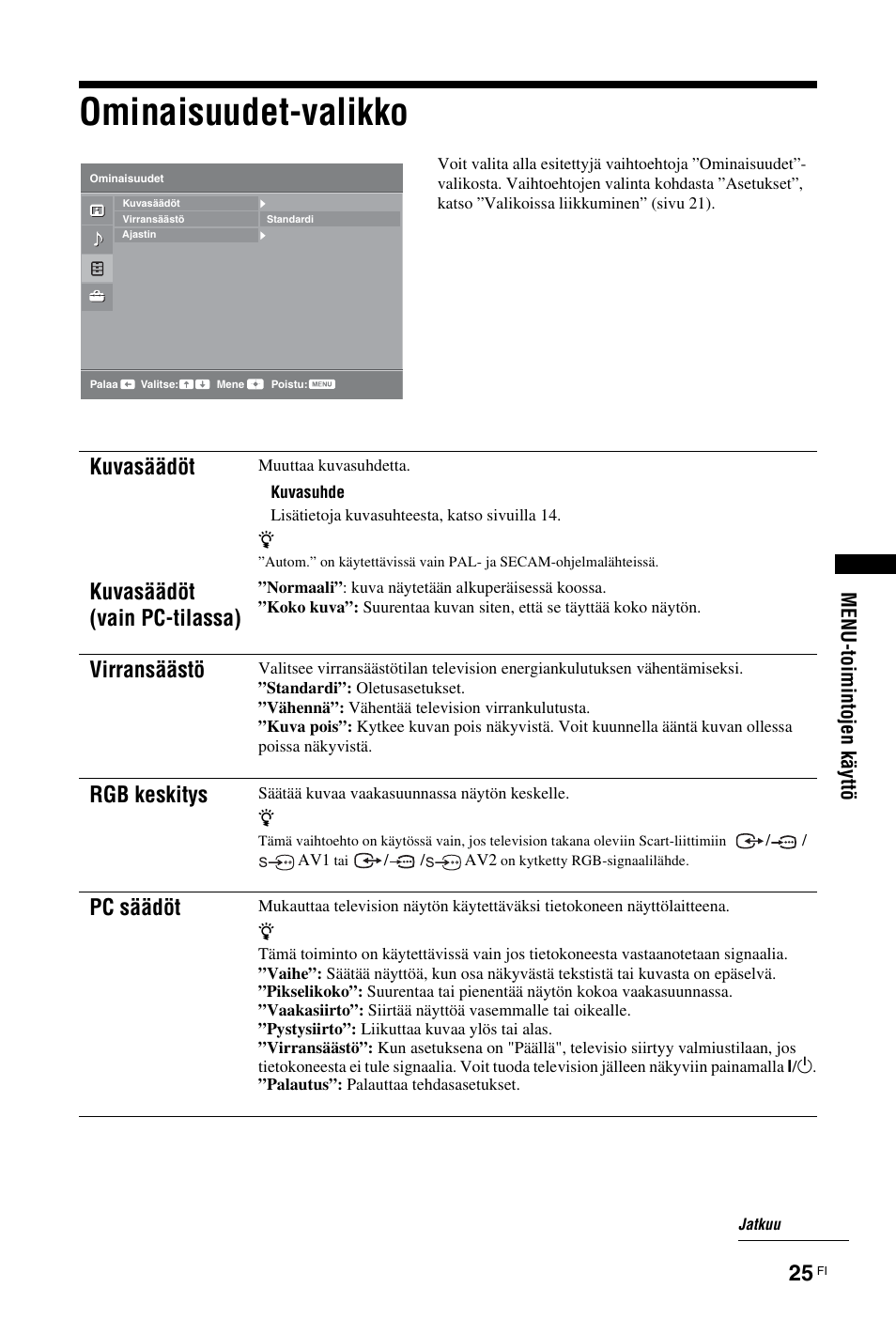 Ominaisuudet-valikko, Sivu 25), Katso sivua 25 | Kuvasäädöt kuvasäädöt (vain pc-tilassa), Virransäästö, Rgb keskitys, Pc säädöt, Me nu- toi m int o jen k ä yt tö | Sony KDL-19L4000 User Manual | Page 61 / 255