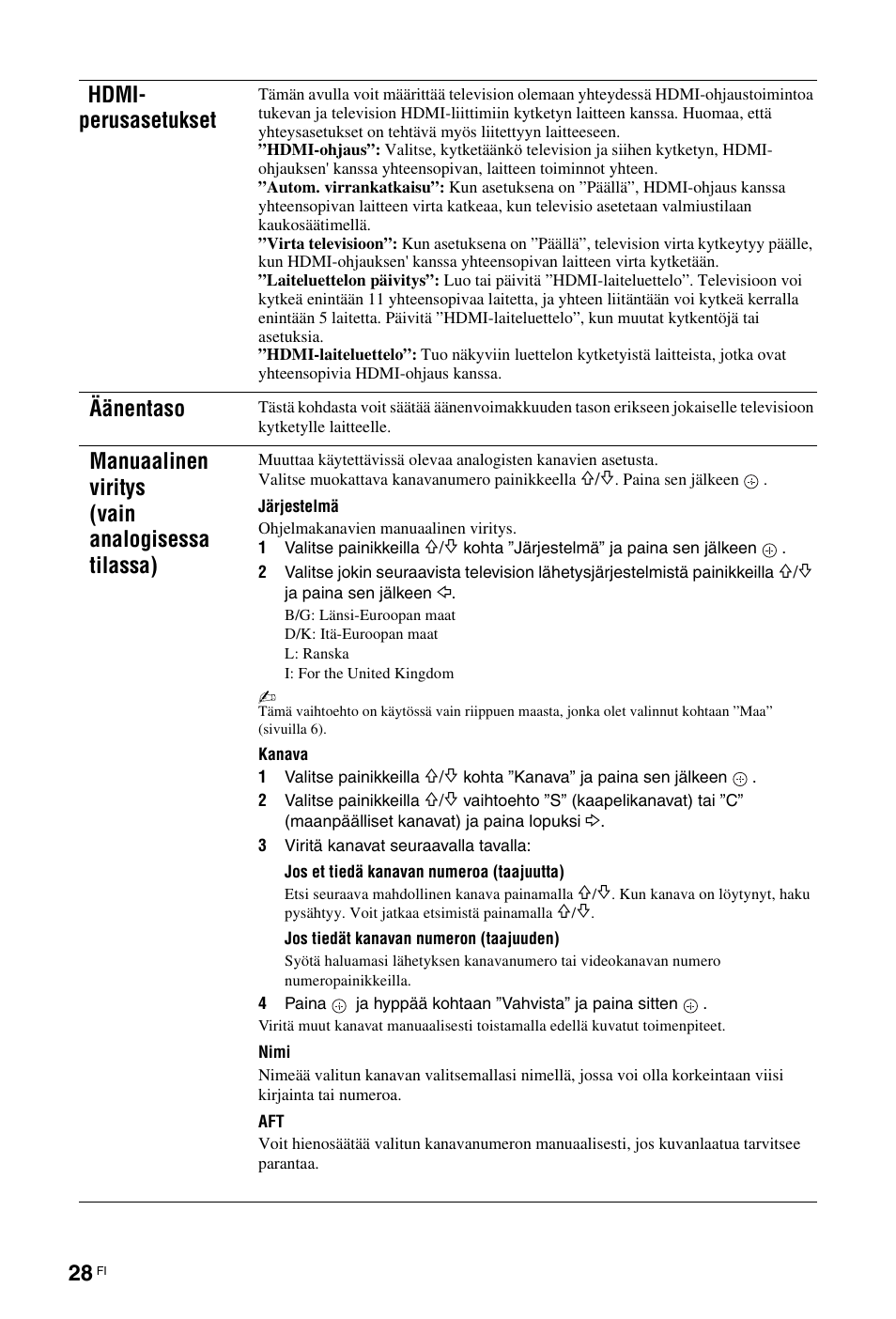 Hdmi- perusasetukset, Äänentaso, Manuaalinen viritys (vain analogisessa tilassa) | Sony KDL-19L4000 User Manual | Page 64 / 255