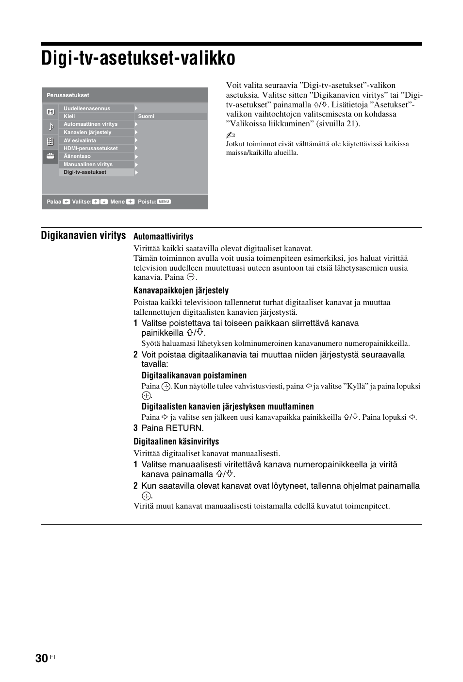 Digi-tv-asetukset-valikko, Digikanavien viritys | Sony KDL-19L4000 User Manual | Page 66 / 255