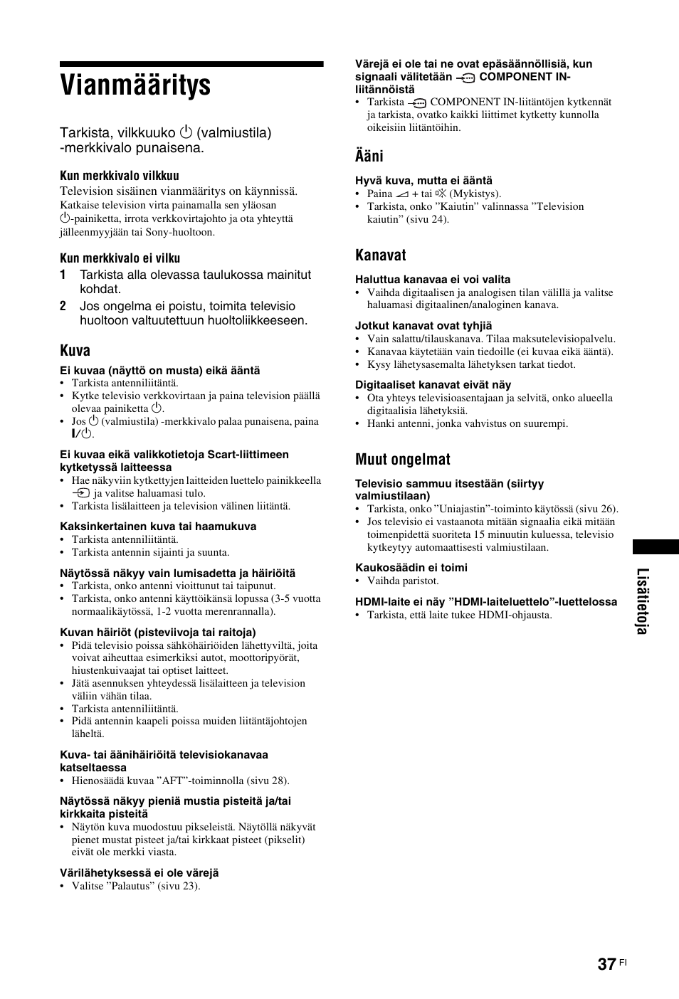 Vianmääritys, Li sä ti eto ja, Kuva | Ääni, Kanavat, Muut ongelmat | Sony KDL-19L4000 User Manual | Page 73 / 255