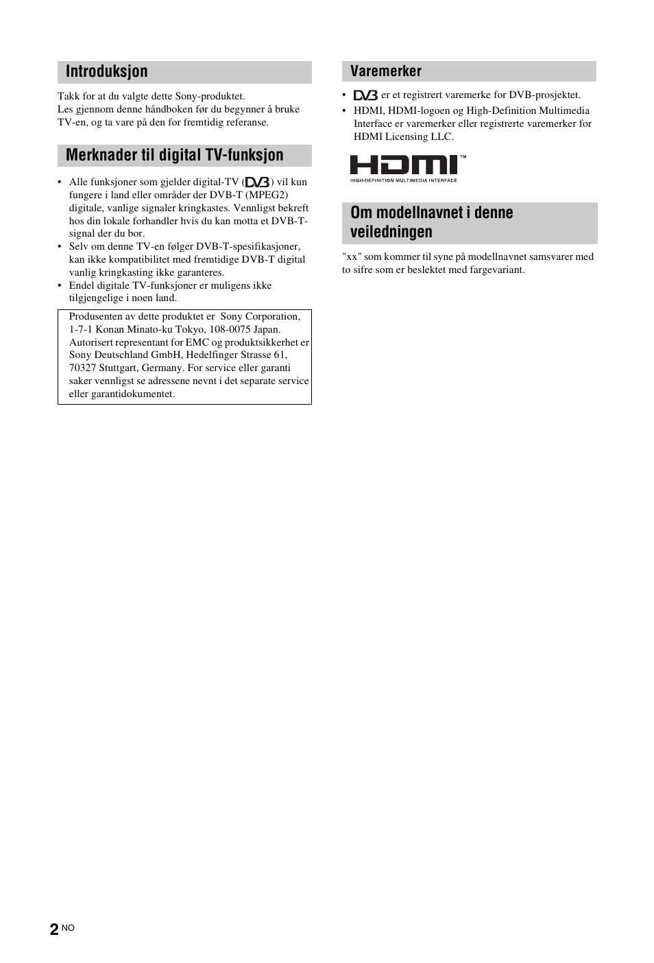 Introduksjon merknader til digital tv-funksjon, Om modellnavnet i denne veiledningen, Varemerker | Sony KDL-19L4000 User Manual | Page 74 / 255