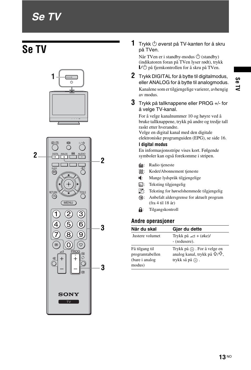 Se tv, S (side 13), Side 13) | Sony KDL-19L4000 User Manual | Page 85 / 255