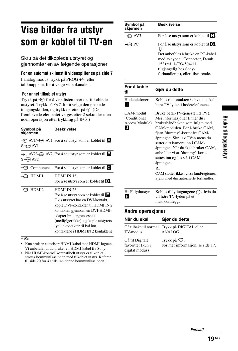 Vise bilder fra utstyr som er koblet til tv-en, Side 19), Bruk e t ill e ggsu tst yr | Andre operasjoner | Sony KDL-19L4000 User Manual | Page 91 / 255