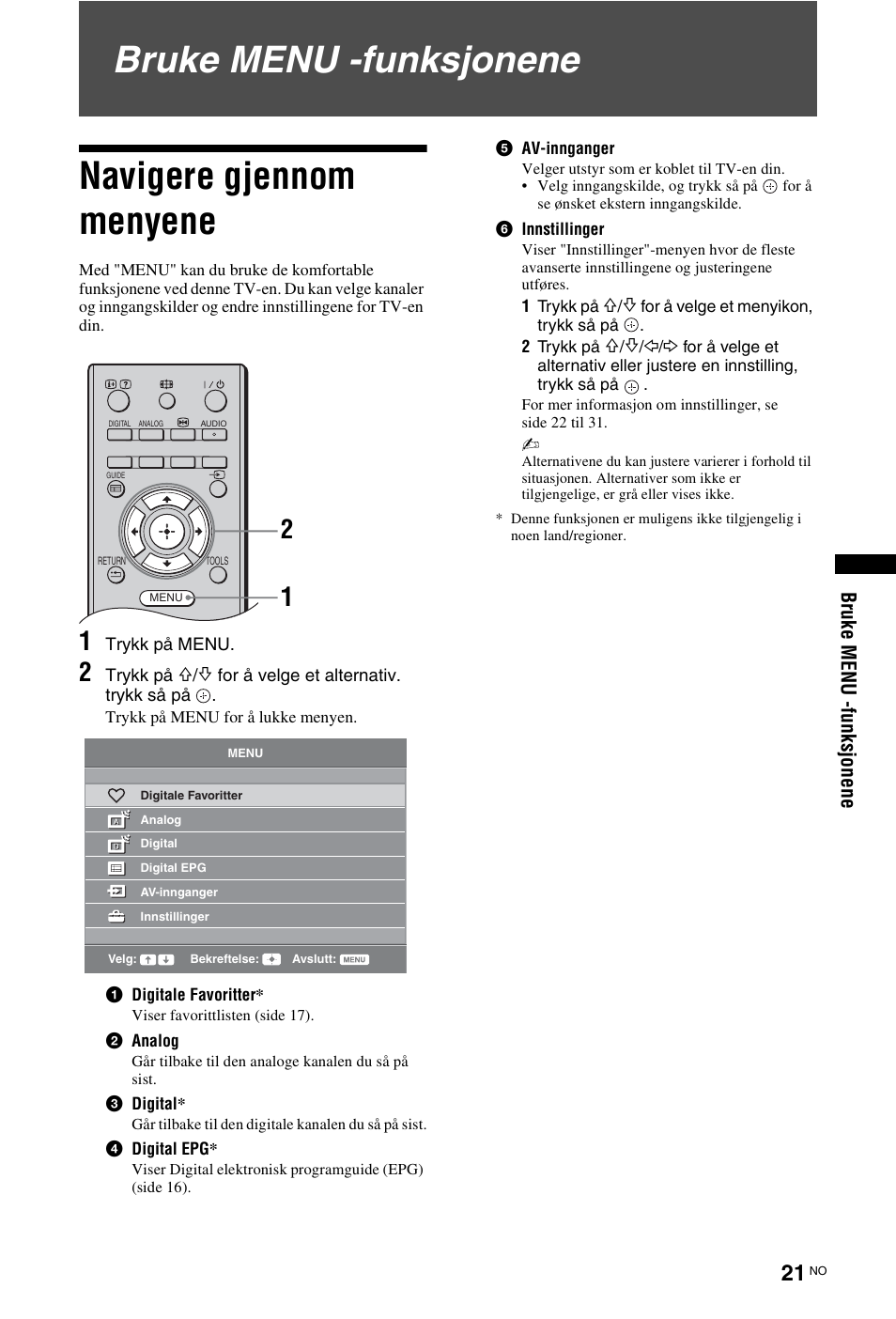 Bruke menu -funksjonene, Navigere gjennom menyene, Side 21) | Bruke menu -funksjonene navigere gjennom menyene, Br uke menu -f unks jo nene | Sony KDL-19L4000 User Manual | Page 93 / 255