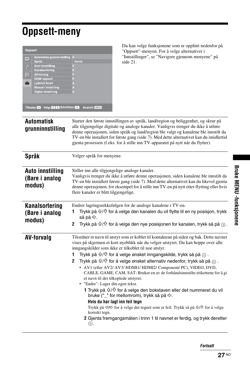 Oppsett-meny, Automatisk grunninnstilling, Språk | Auto innstilling (bare i analog modus), Kanalsortering (bare i analog modus), Av-forvalg | Sony KDL-19L4000 User Manual | Page 99 / 255