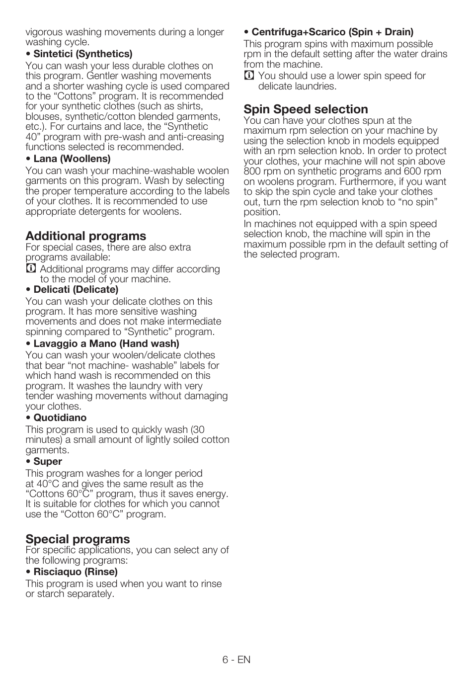 Additional programs, Special programs, Spin speed selection | Smeg LAVATRICE LBS65-9 User Manual | Page 6 / 12