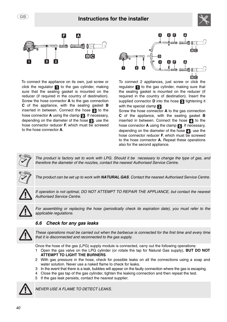 6 check for any gas leaks, Instructions for the installer | Smeg MC30RA User Manual | Page 14 / 24