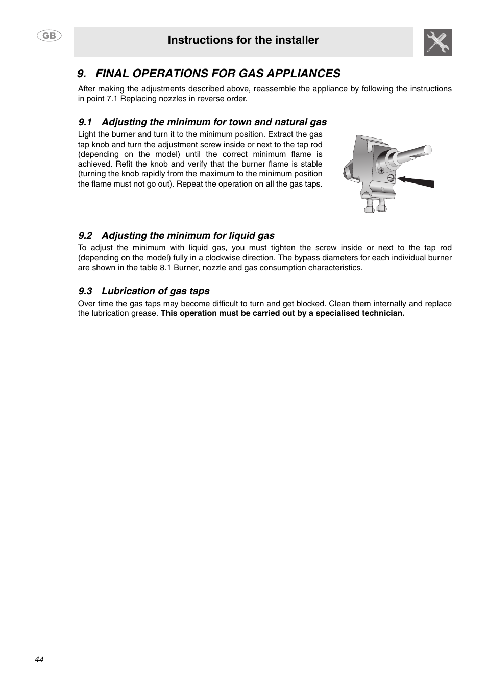 Final operations for gas appliances, 1 adjusting the minimum for town and natural gas, 2 adjusting the minimum for liquid gas | 3 lubrication of gas taps, Instructions for the installer | Smeg MC30RA User Manual | Page 18 / 24