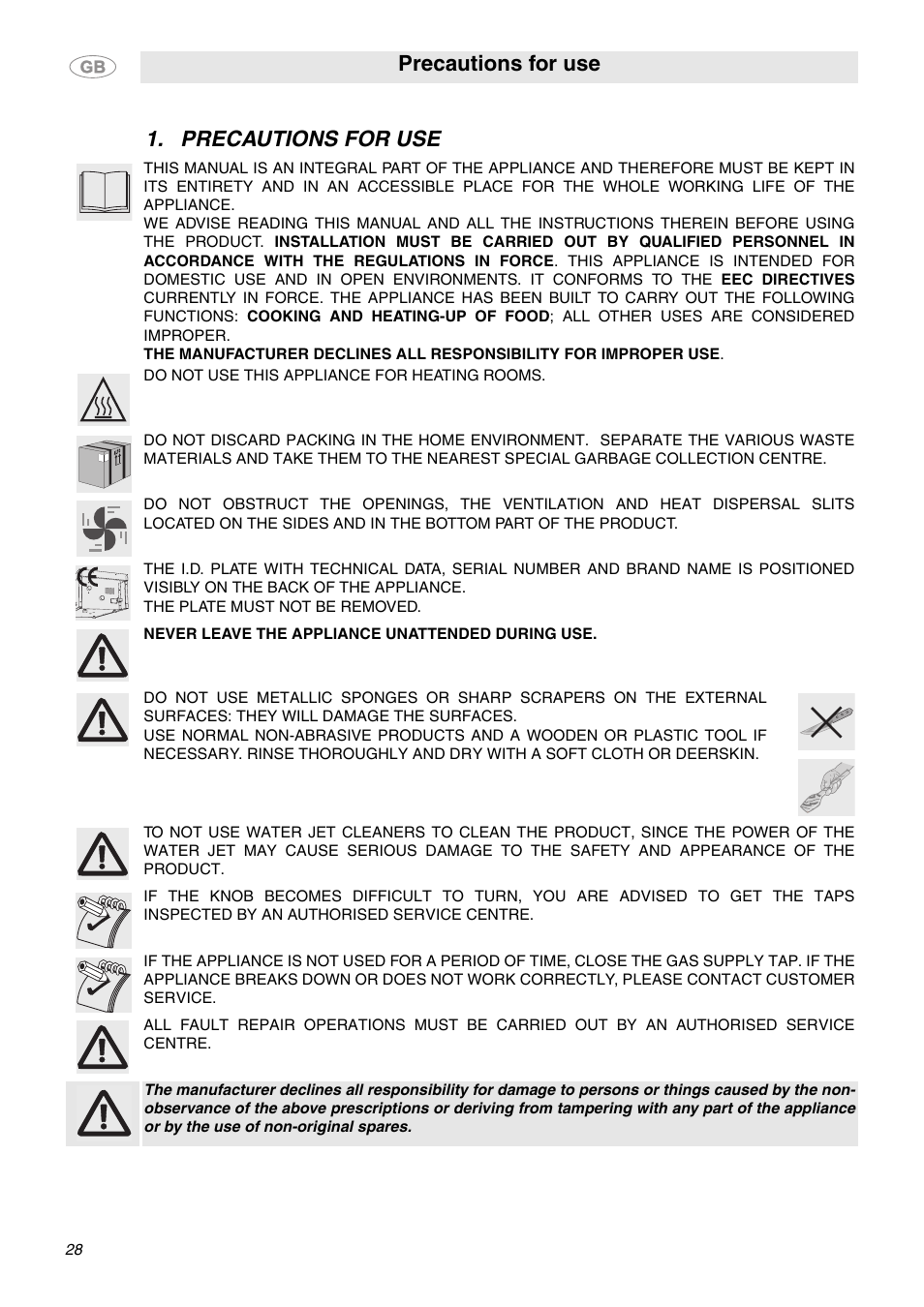 Precautions for use | Smeg MC30RA User Manual | Page 2 / 24