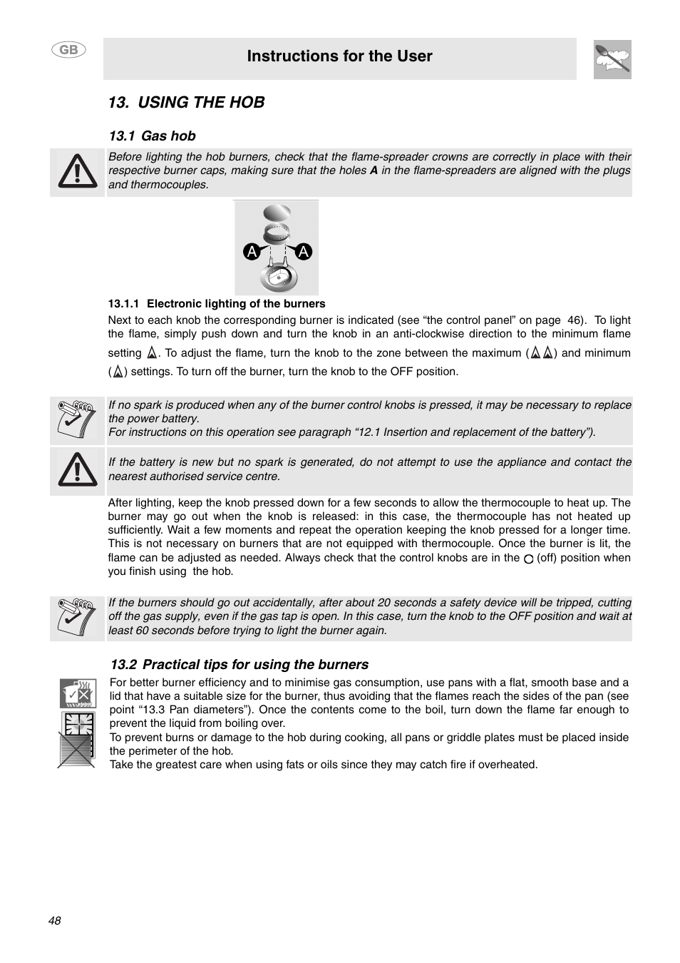 Using the hob, 1 gas hob, 1 electronic lighting of the burners | 2 practical tips for using the burners, Instructions for the user | Smeg MC30RA User Manual | Page 22 / 24