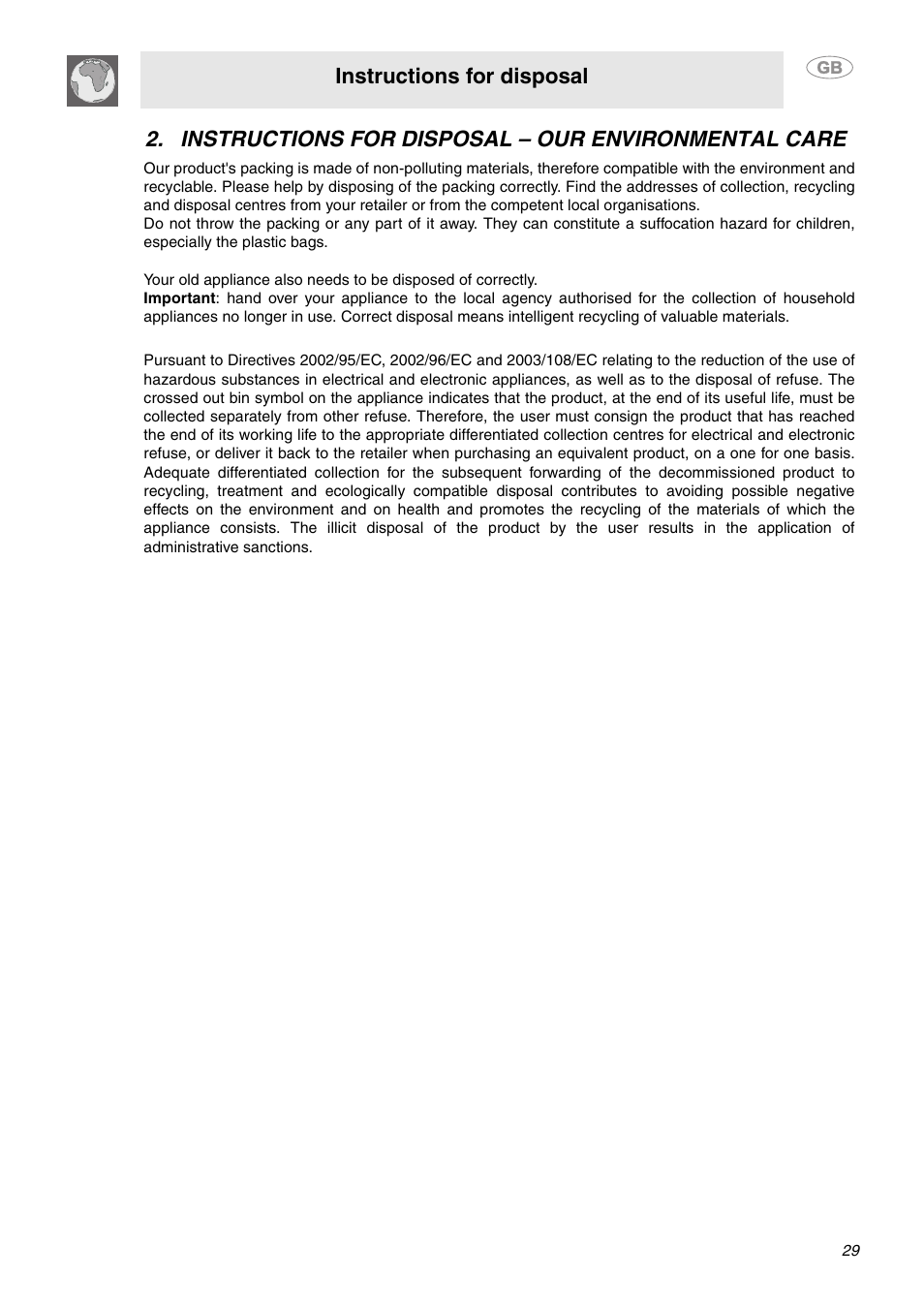 Instructions for disposal - our environmental care, Instructions for disposal, Instructions for disposal – our environmental care | Smeg MC30RA User Manual | Page 3 / 24