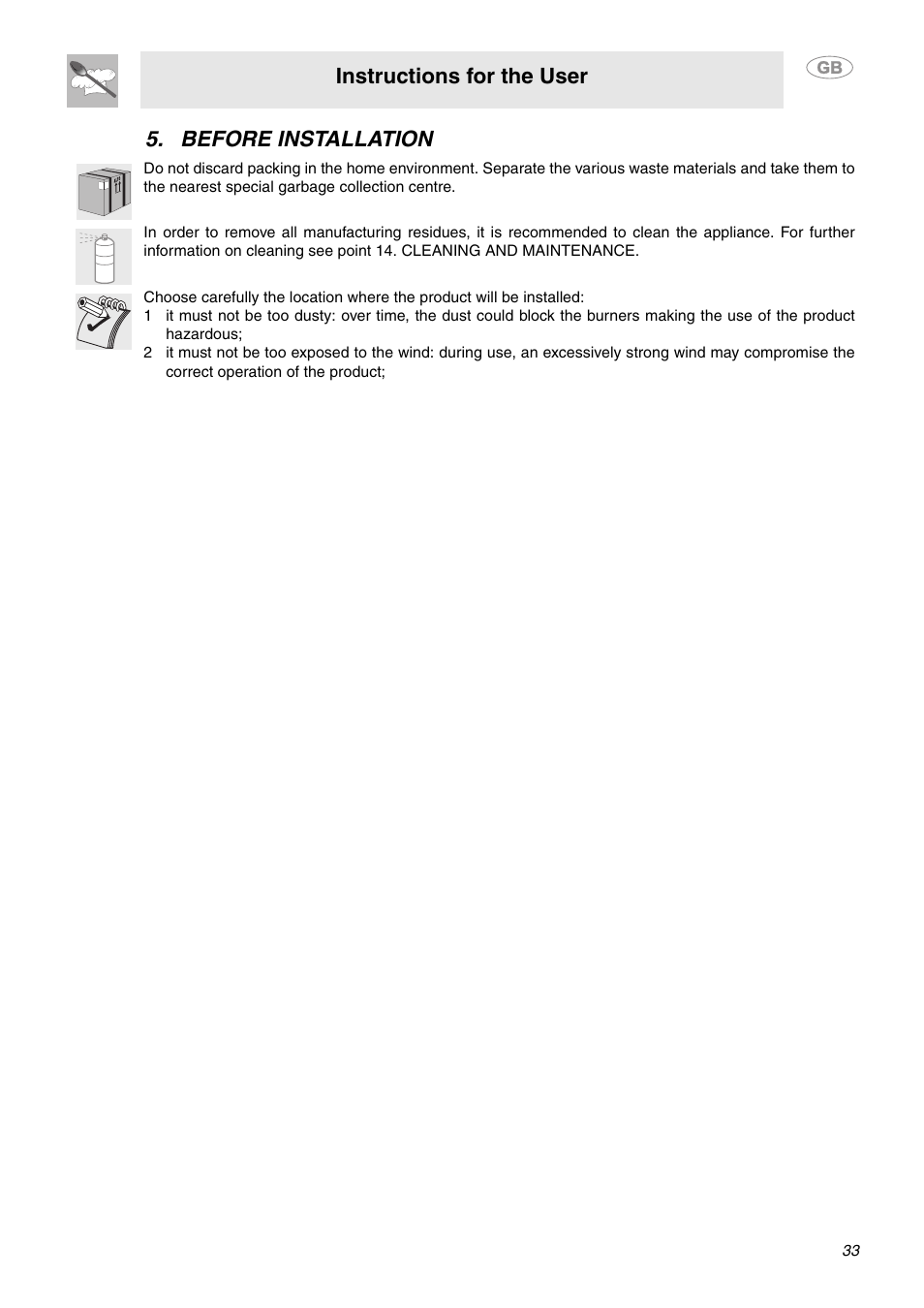 Before installation, Instructions for the user | Smeg MC30RA User Manual | Page 7 / 24