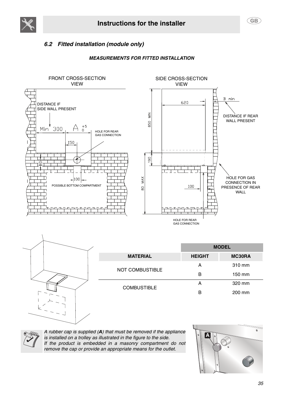 2 fitted installation (module only), Measurements for fitted installation, Instructions for the installer | Smeg MC30RA User Manual | Page 9 / 24