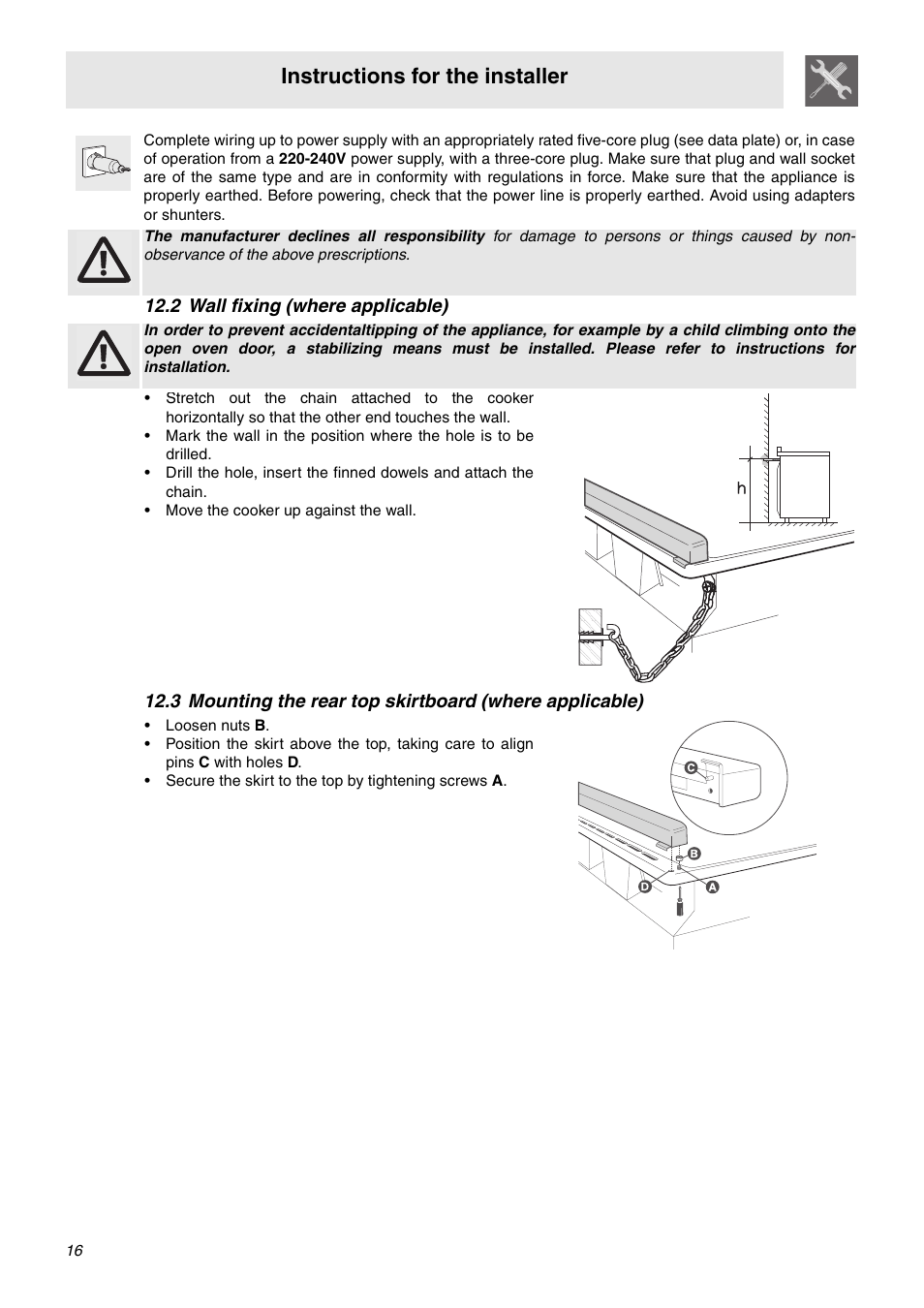 2 wall fixing (where applicable), Instructions for the installer | Smeg OF602XA User Manual | Page 14 / 16