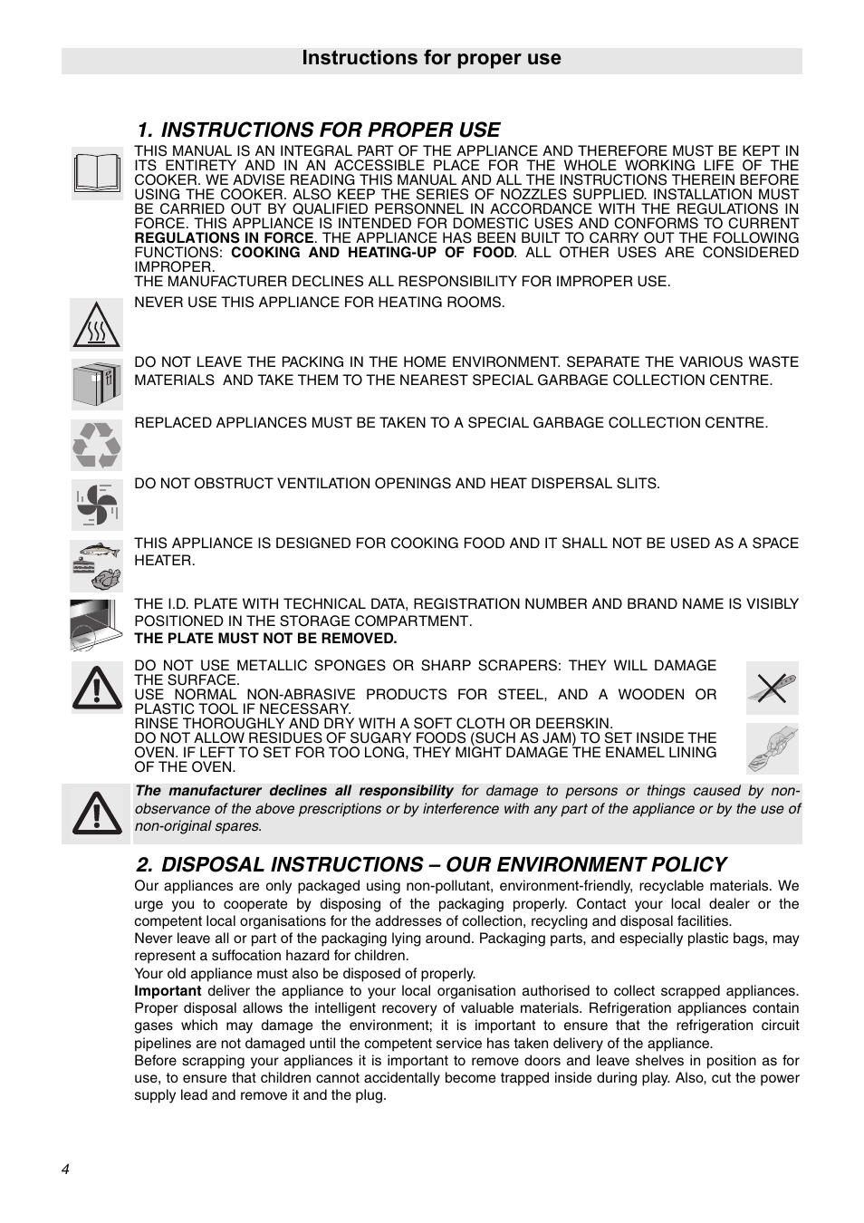 Instructions for proper use, Disposal instructions – our environment policy, Instr | Smeg OF602XA User Manual | Page 2 / 16