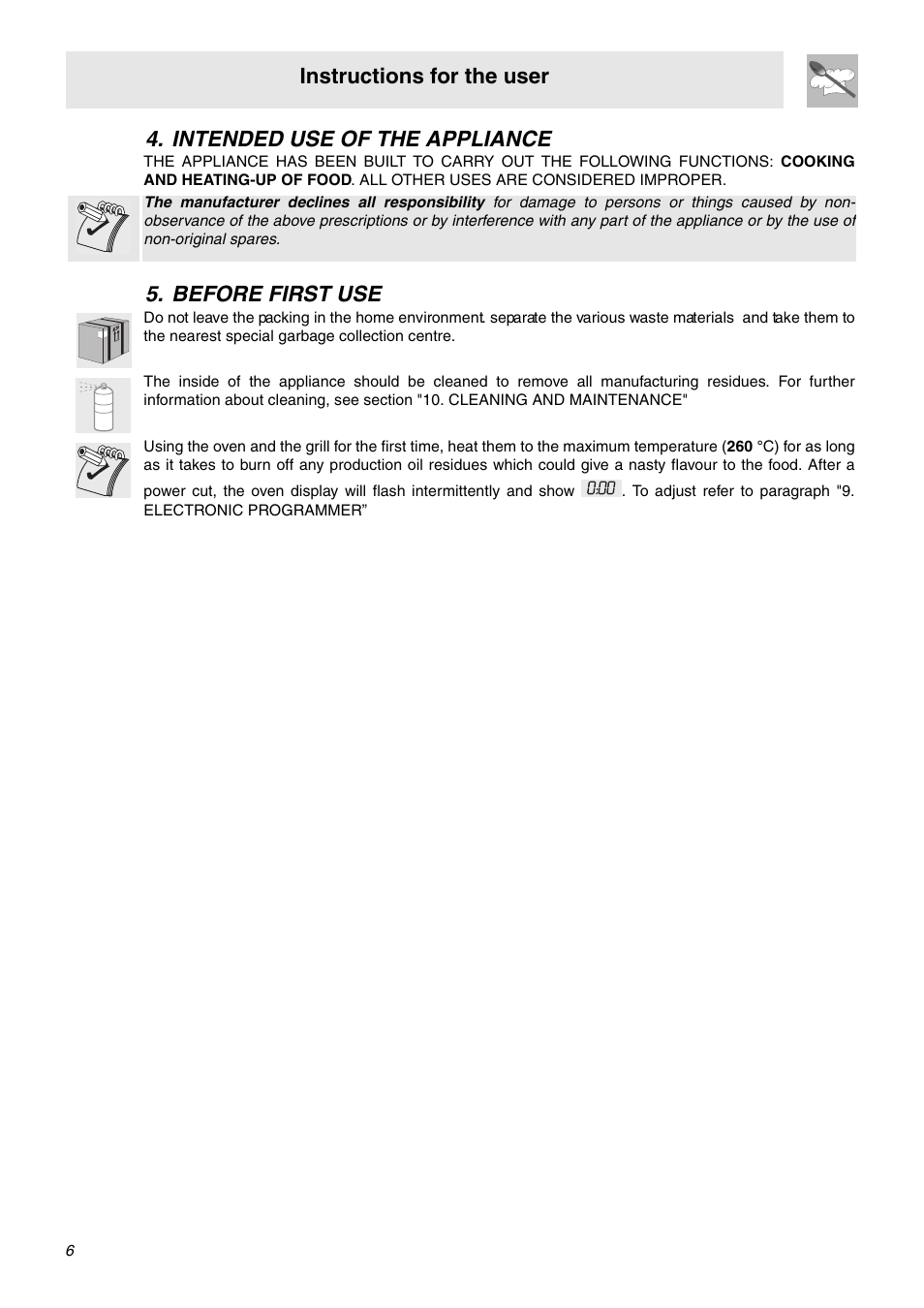 Intended use of the appliance, Before first use, Intended use of the appliance 5. before first use | Instructions for the user | Smeg OF602XA User Manual | Page 4 / 16