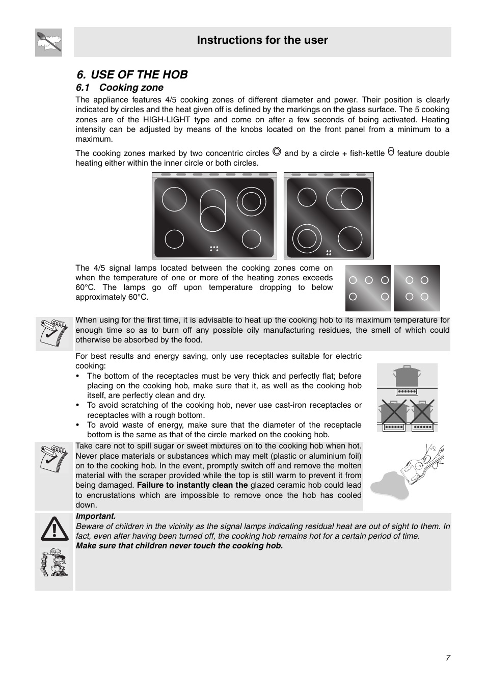 Use of the hob, 1 cooking zone, Instructions for the user | Smeg OF602XA User Manual | Page 5 / 16