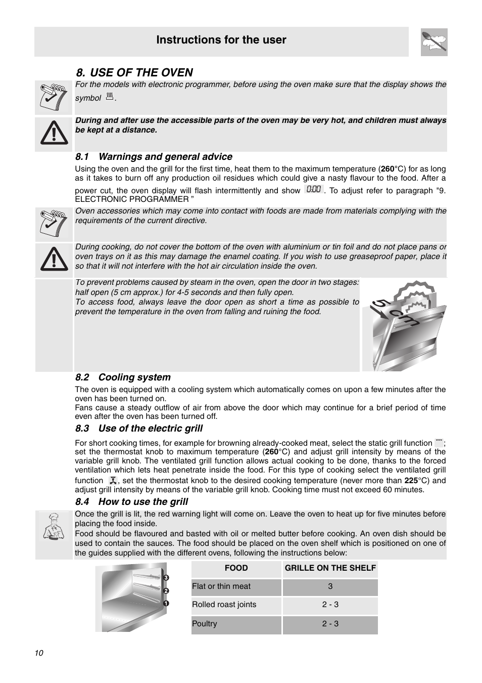 Use of the oven, 1 warnings and general advice, 2 cooling system | 3 use of the electric grill, 4 how to use the grill, Instructions for the user | Smeg OF602XA User Manual | Page 8 / 16