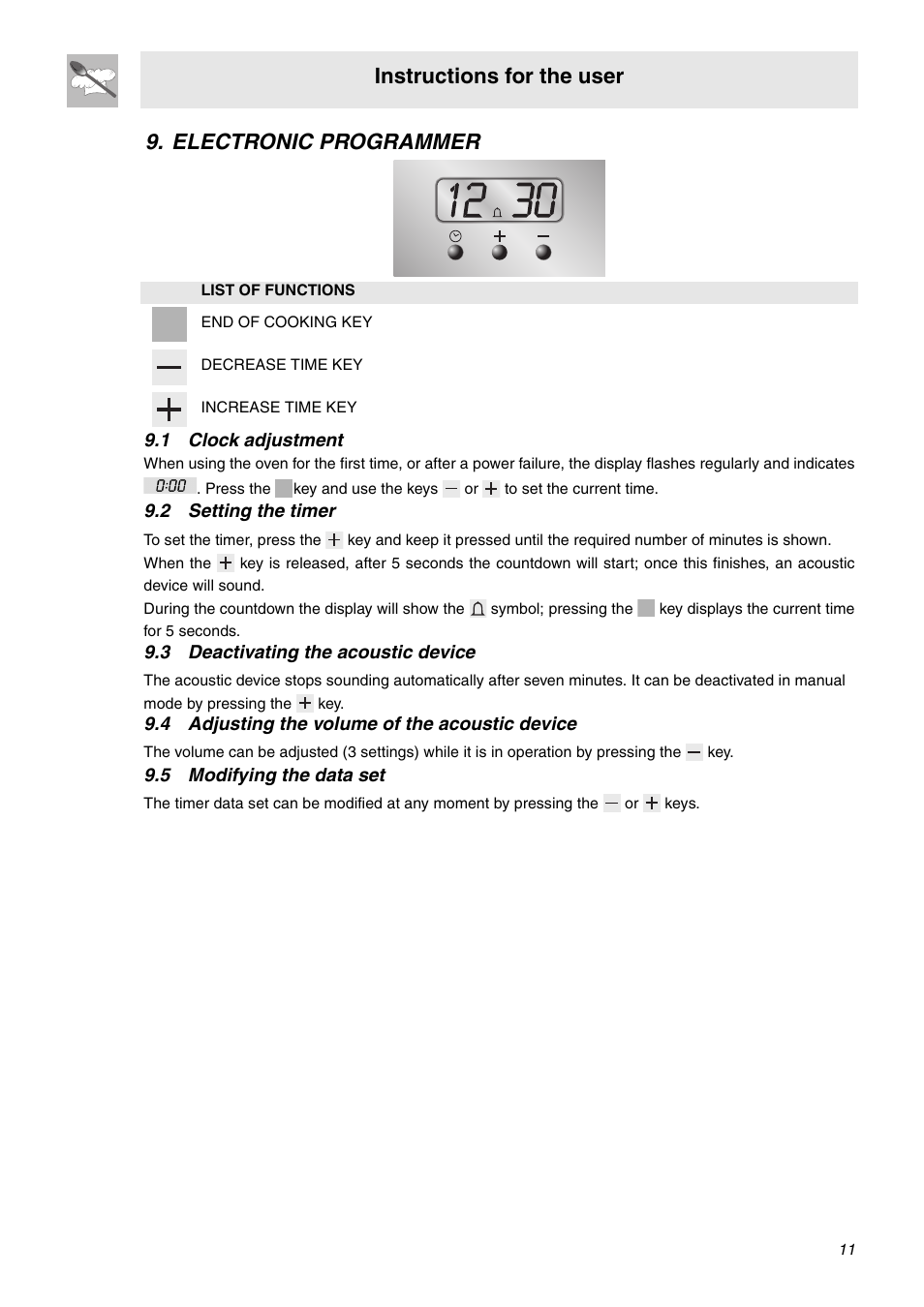 Electronic programmer, 1 clock adjustment, 2 setting the timer | 3 deactivating the acoustic device, 4 adjusting the volume of the acoustic device, 5 modifying the data set, Instructions for the user | Smeg OF602XA User Manual | Page 9 / 16