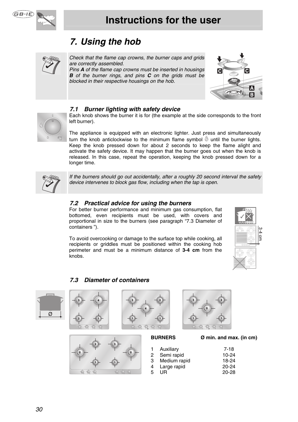 Using the hob, 1 burner lighting with safety device, 2 practical advice for using the burners | 3 diameter of containers, Instructions for the user | Smeg Cooking Hob P106 User Manual | Page 13 / 14