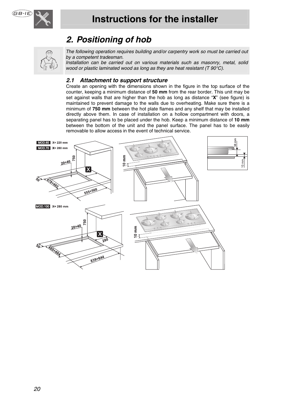 Positioning of hob, 1 attachment to support structure, Instructions for the installer | Smeg Cooking Hob P106 User Manual | Page 3 / 14