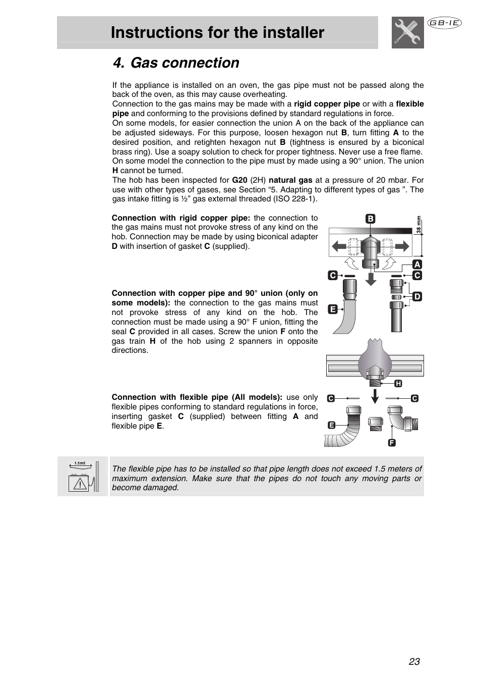 Gas connection, Instructions for the installer | Smeg Cooking Hob P106 User Manual | Page 6 / 14