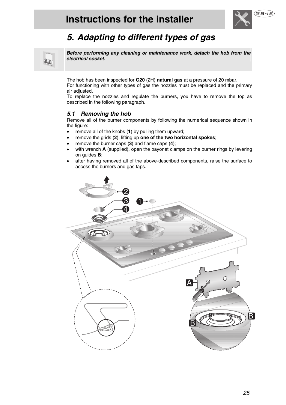 Adapting to different types of gas, 1 removing the hob, Instructions for the installer | Smeg Cooking Hob P106 User Manual | Page 8 / 14