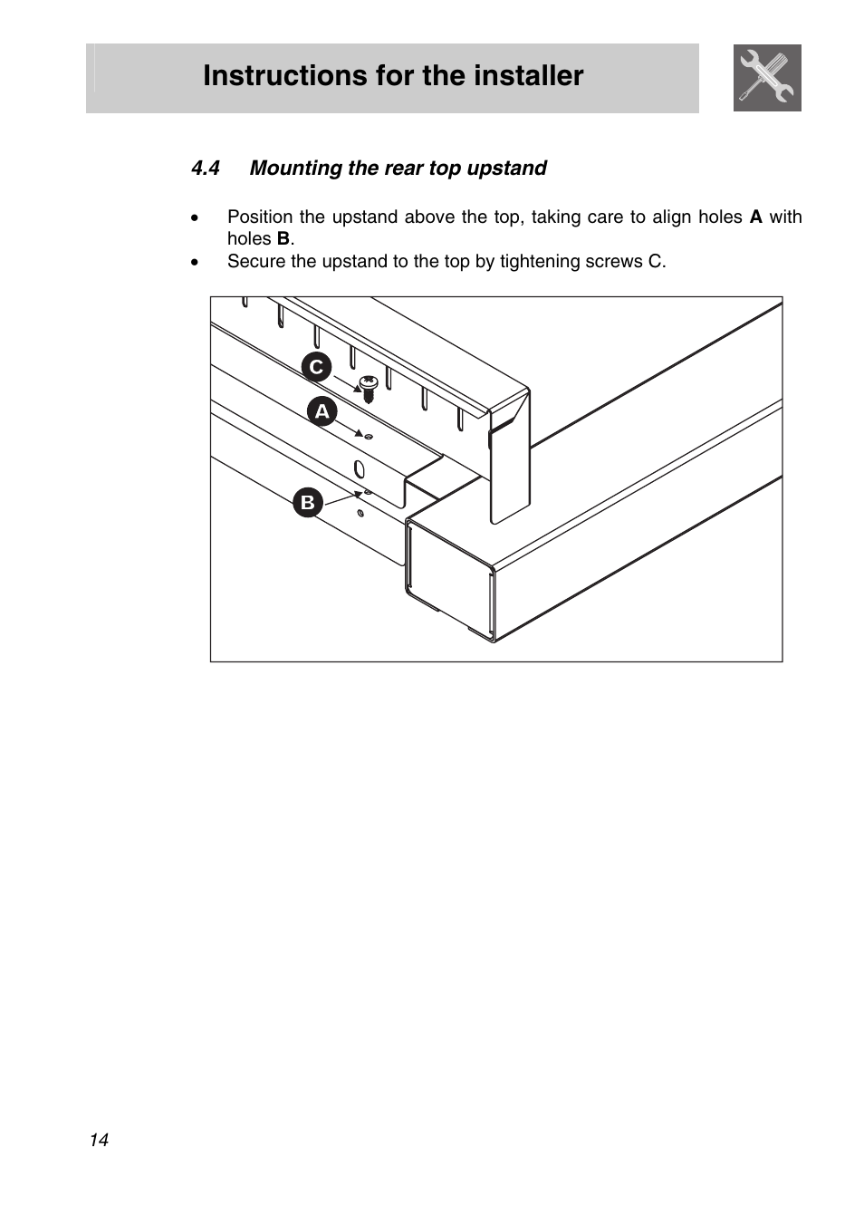 4 mounting the rear top upstand, Instructions for the installer | Smeg A11A-6 User Manual | Page 12 / 32
