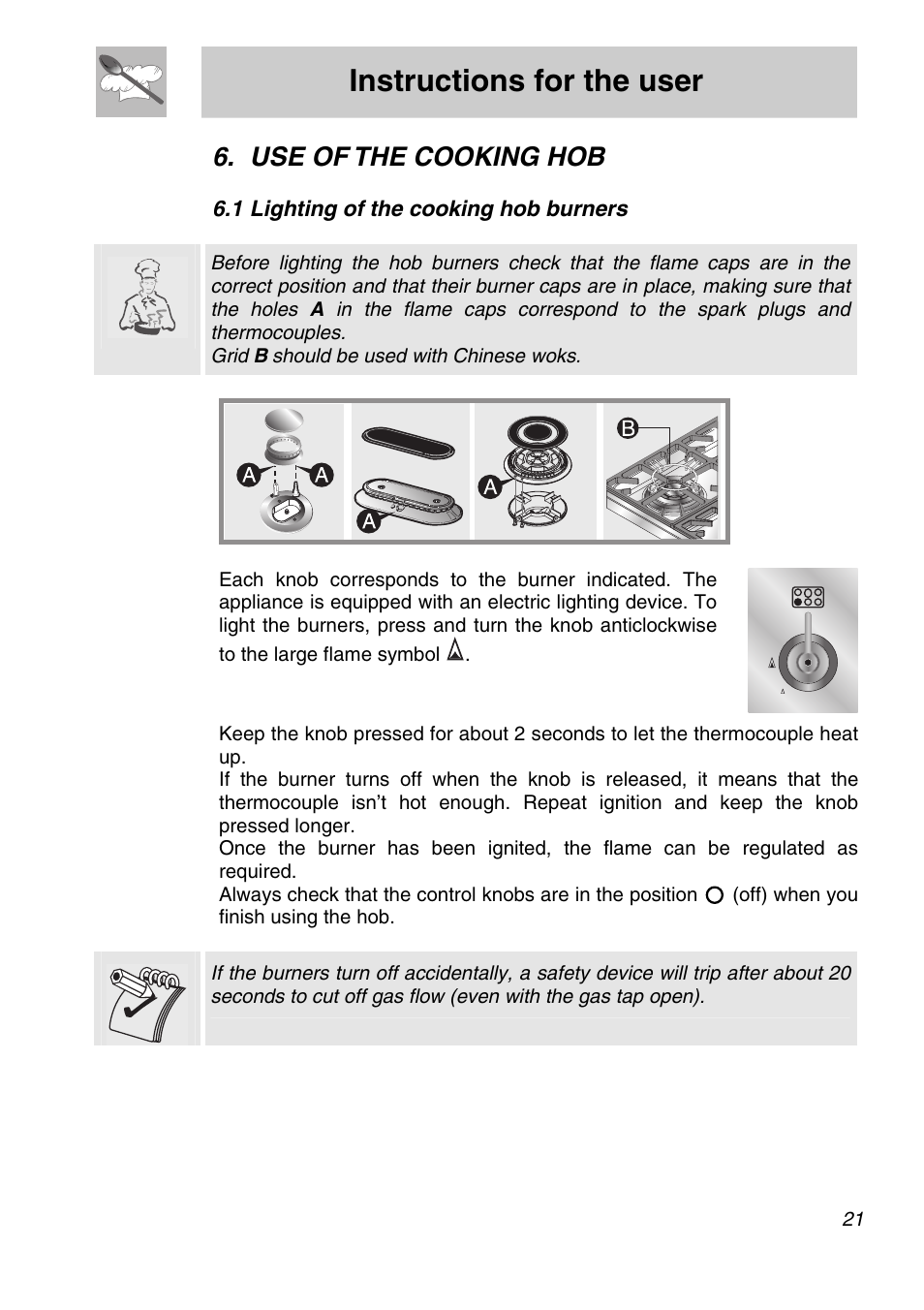 Use of the cooking hob, 1 lighting of the cooking hob burners, Instructions for the user | Smeg A11A-6 User Manual | Page 19 / 32