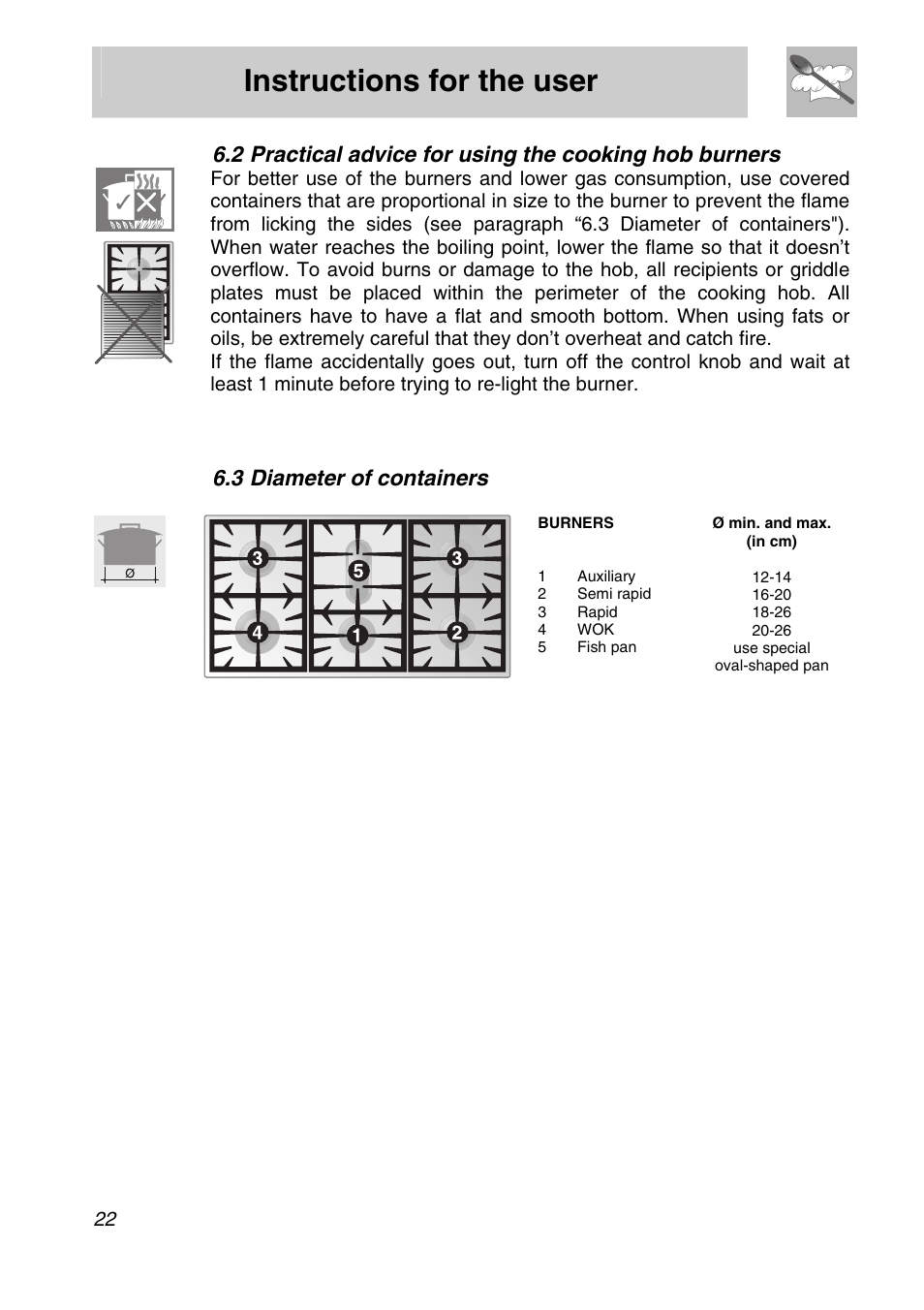 Practical advice for using the cooking hob burners, 3 diameter of containers, Instructions for the user | Smeg A11A-6 User Manual | Page 20 / 32