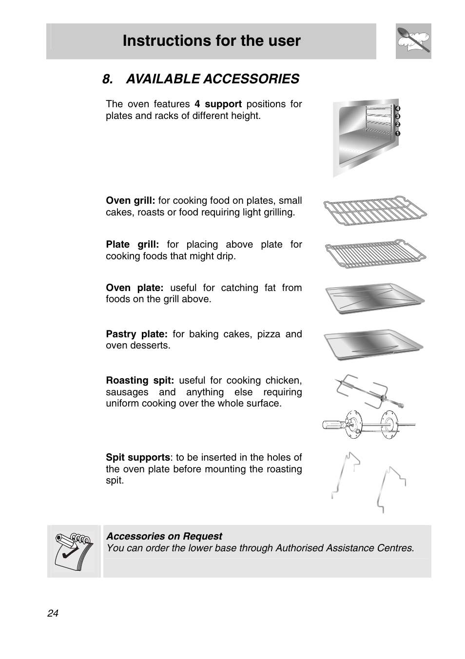 Available accessories, Instructions for the user | Smeg A11A-6 User Manual | Page 22 / 32