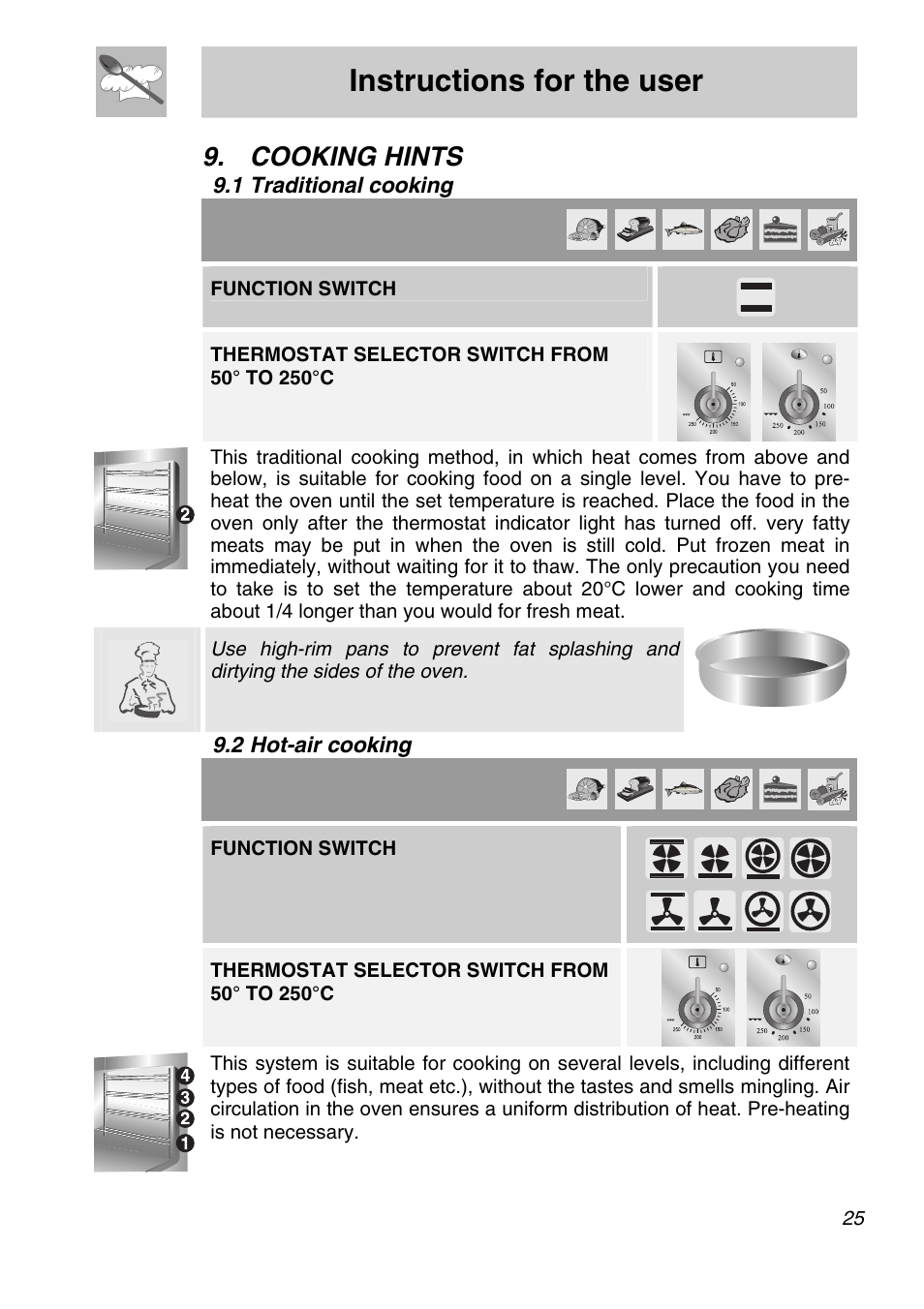 Cooking hints, 1 traditional cooking, 2 hot-air cooking | Instructions for the user, Function switch | Smeg A11A-6 User Manual | Page 23 / 32