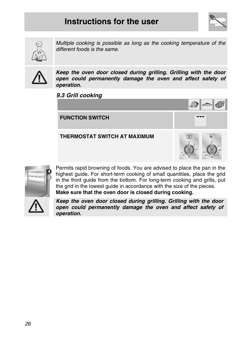 3 grill cooking, Instructions for the user, Function switch | Thermostat switch at maximum | Smeg A11A-6 User Manual | Page 24 / 32