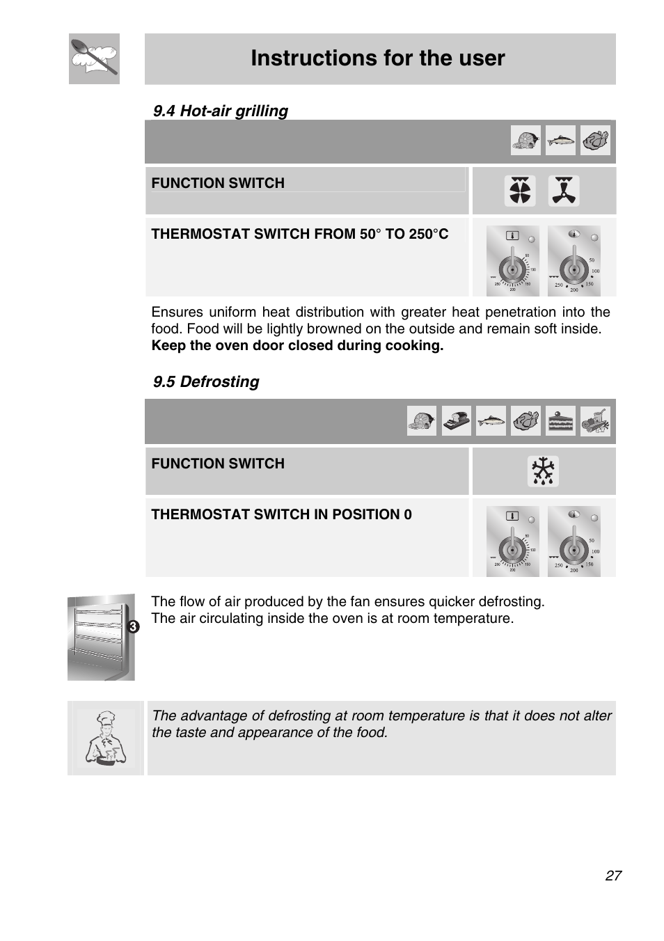 Hot-air grilling, 5 defrosting, Instructions for the user | 4 hot-air grilling, Function switch, Thermostat switch in position 0 | Smeg A11A-6 User Manual | Page 25 / 32