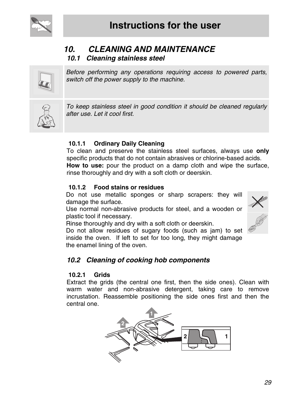Cleaning and maintenance, 1 cleaning stainless steel, 1 ordinary daily cleaning | 2 food stains or residues, 2 cleaning of cooking hob components, 1 grids, Instructions for the user | Smeg A11A-6 User Manual | Page 27 / 32