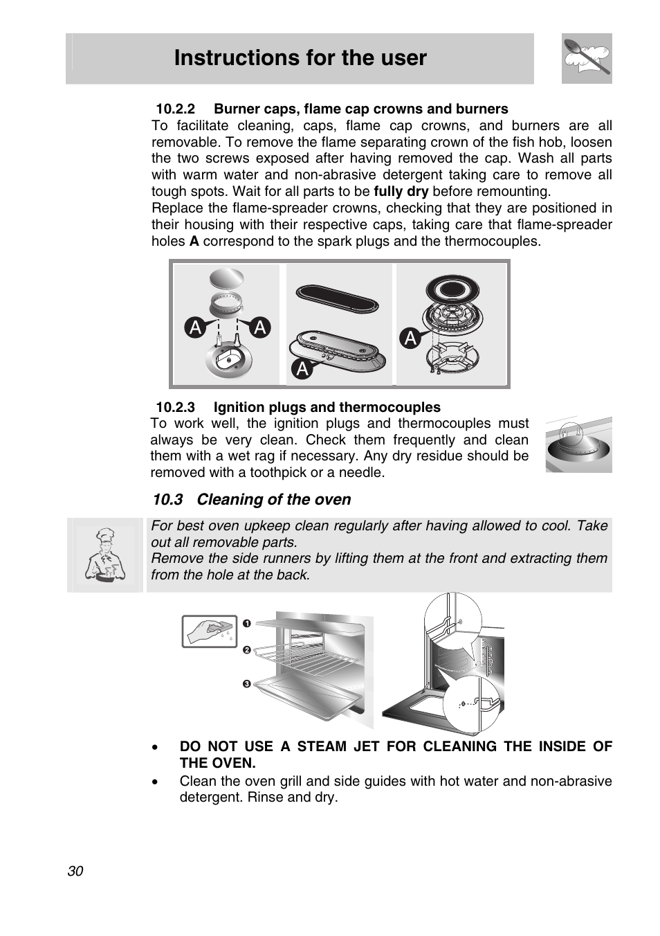 Burner caps, flame cap crowns and burners, 3 ignition plugs and thermocouples, 3 cleaning of the oven | Instructions for the user | Smeg A11A-6 User Manual | Page 28 / 32